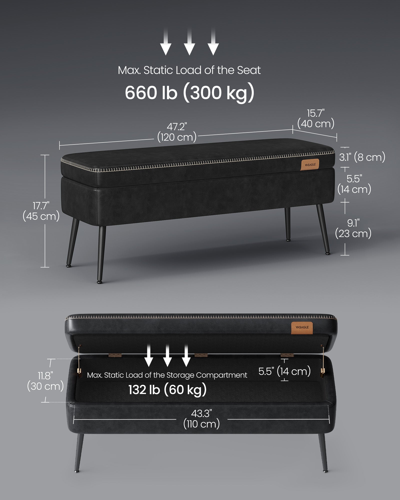 Banc d'Entrée, Ottoman, Pouf de rangement, Bout de Lit pour Chambre, pour Salon, Cuir Synthétique, Noir d'encre, VASAGLE, 5