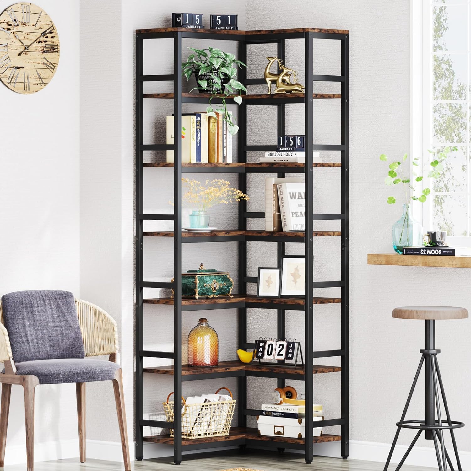 Bibliotheque D'angle 7 etageres, Grande etagere d'angle Industrielle, Marron Rustique, Tribesigns, 4