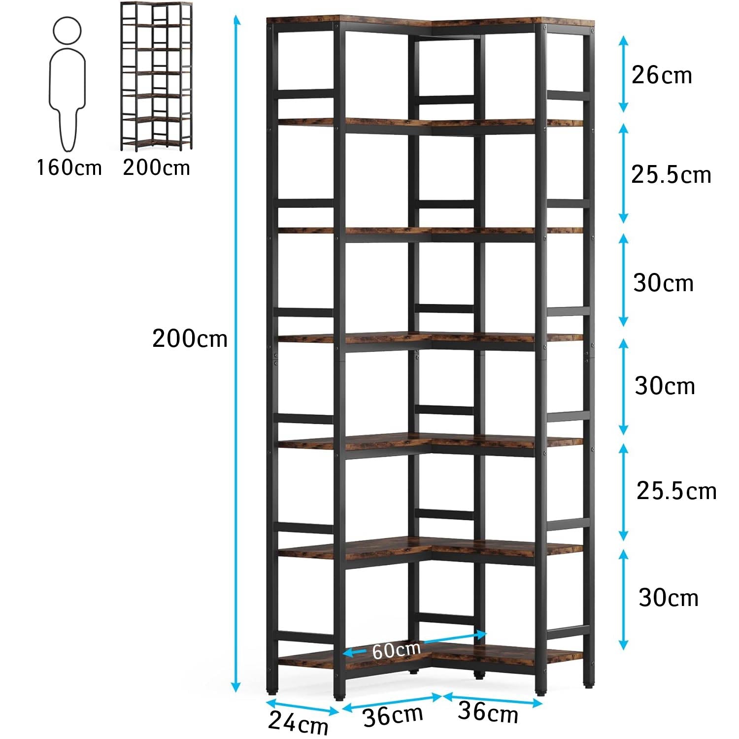 Bibliotheque D'angle 7 etageres, Grande etagere d'angle Industrielle, Marron Rustique, Tribesigns, 7