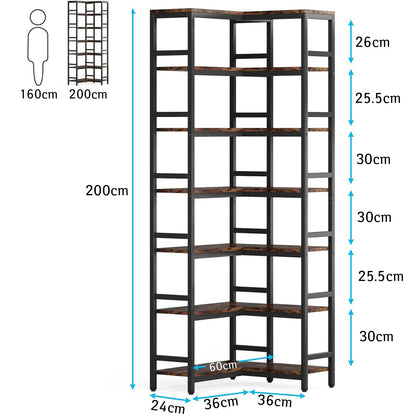 Bibliotheque D'angle 7 etageres, Grande etagere d'angle Industrielle, Marron Rustique, Tribesigns, 7