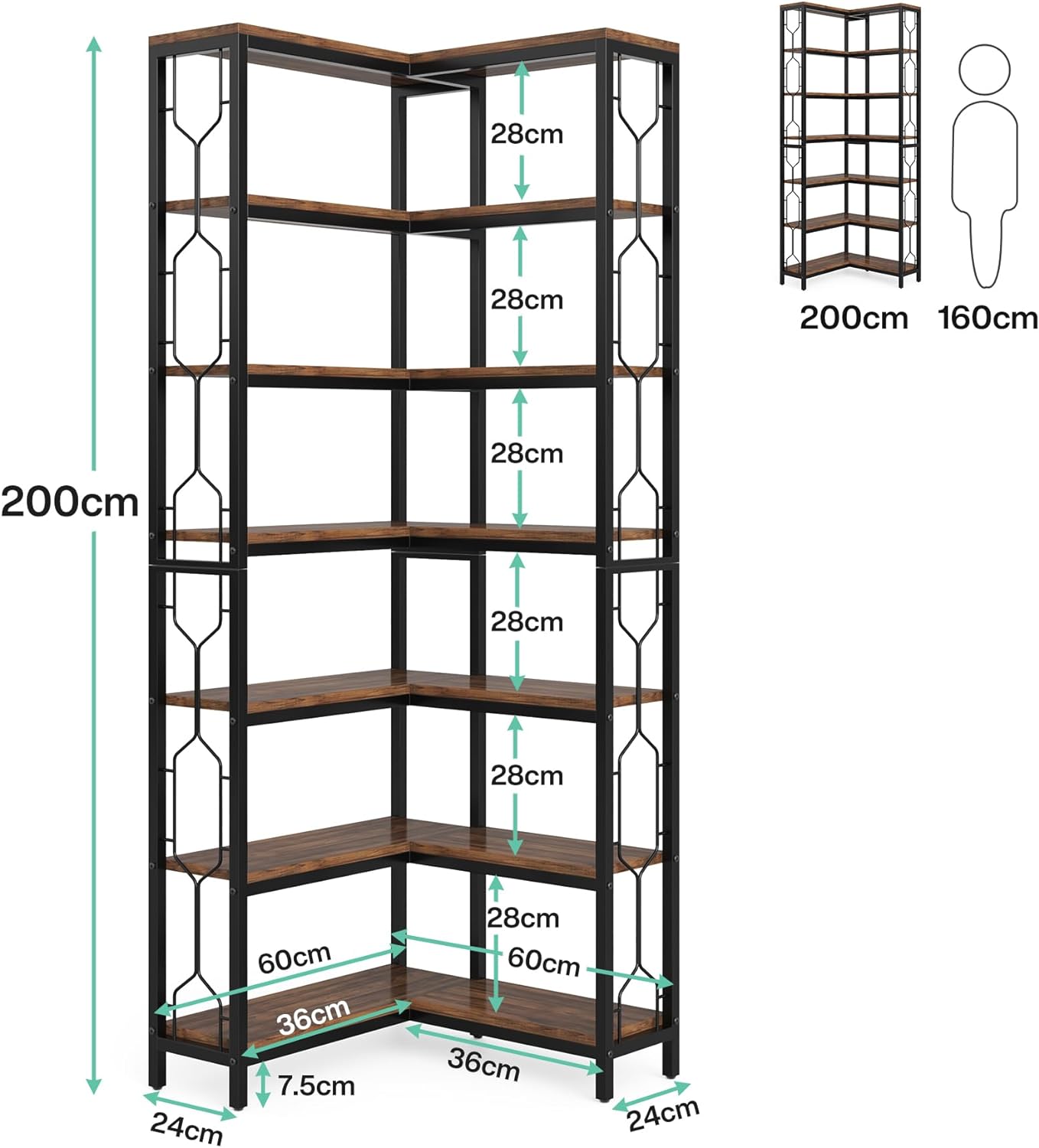 Bibliothèque D'angle, Étagère Industrielle à 7 Niveaux, Étagères d'angle en Bois, Marron Rustique, Tribesigns, 9