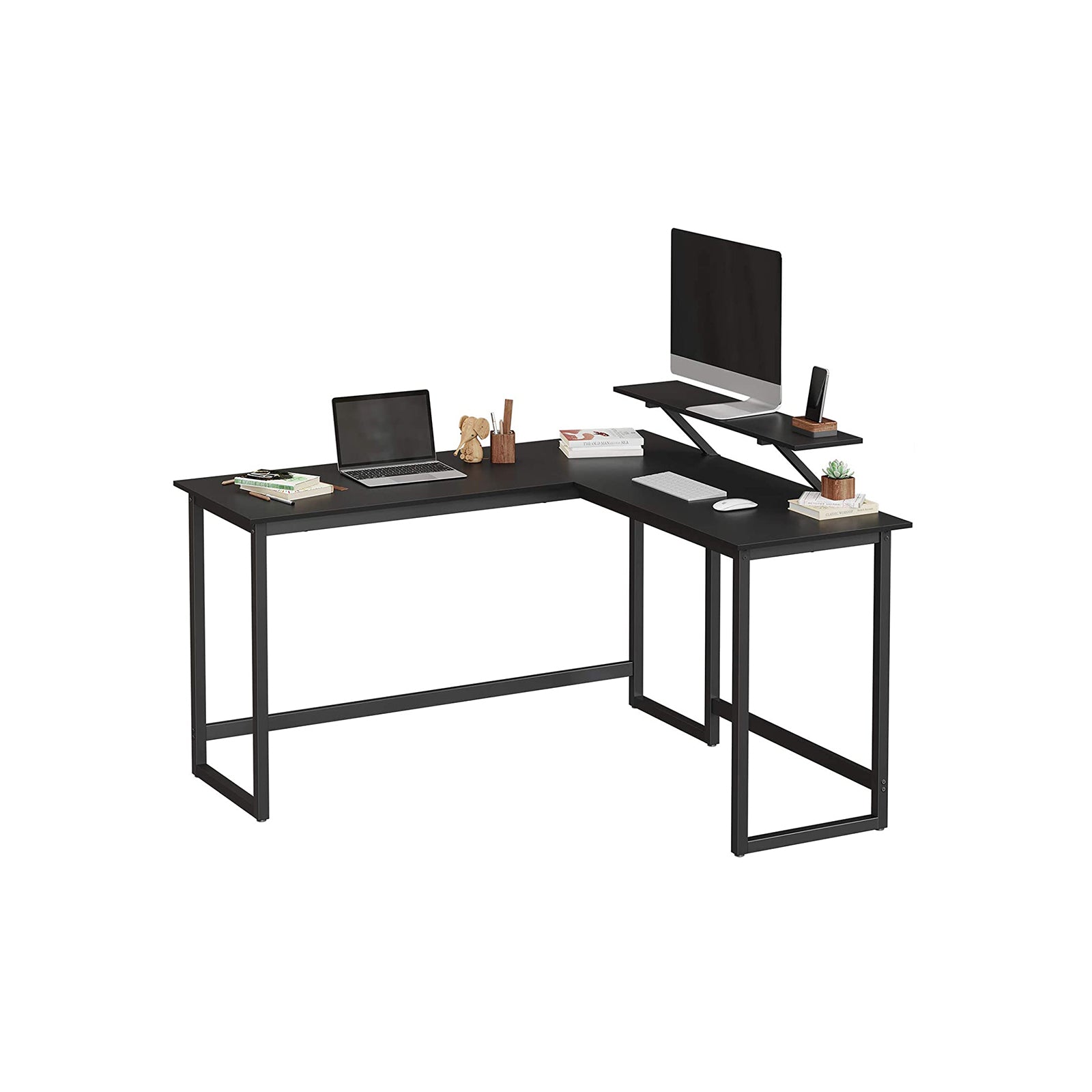 Bureau d'Angle, Bureau Ordinateur, Bureau PC, Bureau Informatique, avec étagère, Cadre en Métal, Noir, Vasagle, 1