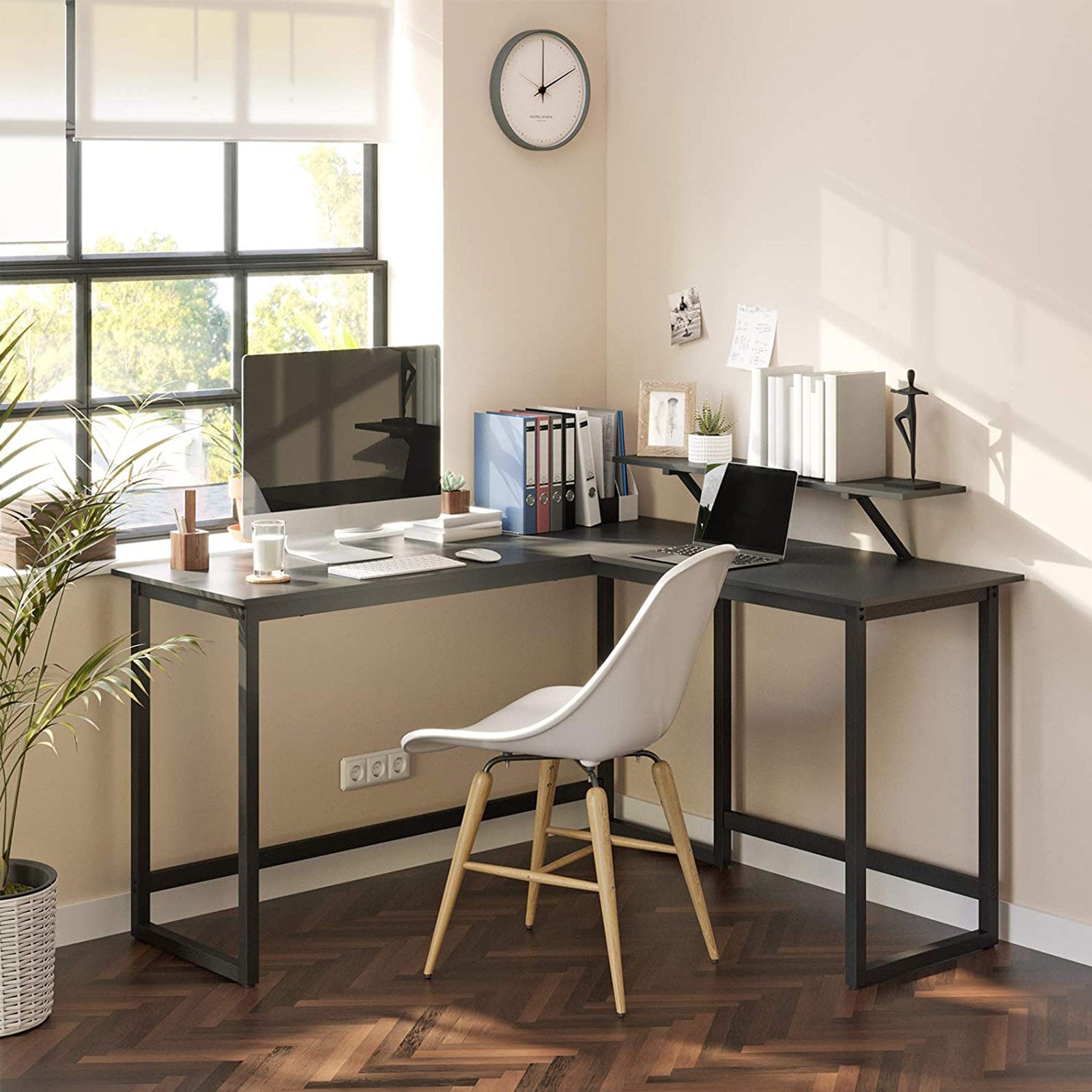 Bureau d'Angle, Bureau Ordinateur, Bureau PC, Bureau Informatique, avec étagère, Cadre en Métal, Noir, Vasagle, 1