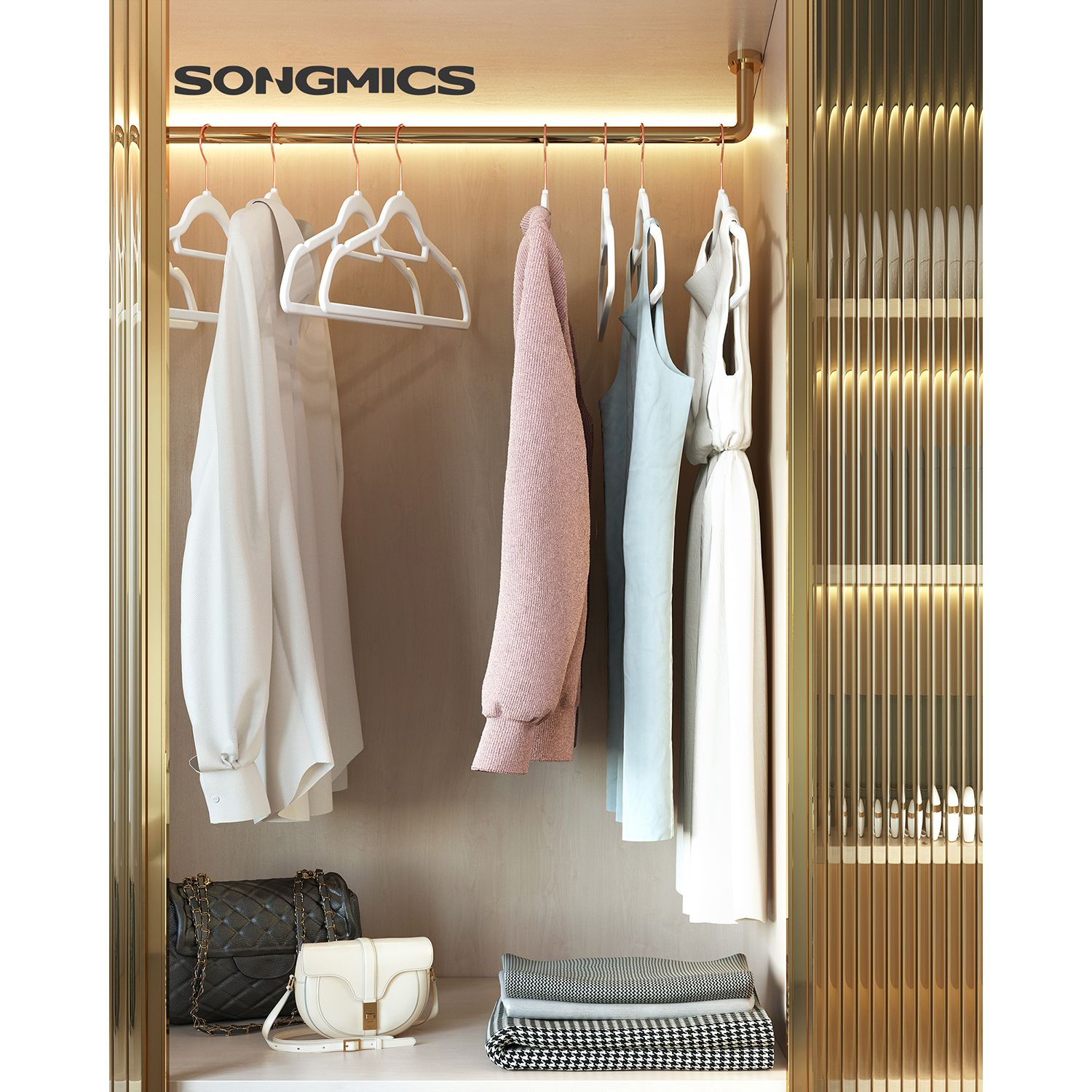 Cintres, Lot de 50, Cintre Pantalon,  43,5 cm, Cintre Velours, Barre À Cravate, Blanc et Rose Gold, SONGMICS, 2