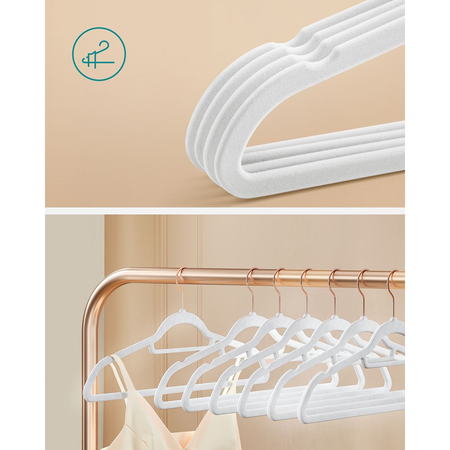 Cintres, Lot de 50, Cintre Pantalon,  43,5 cm, Cintre Velours, Barre À Cravate, Blanc et Rose Gold, SONGMICS, 3