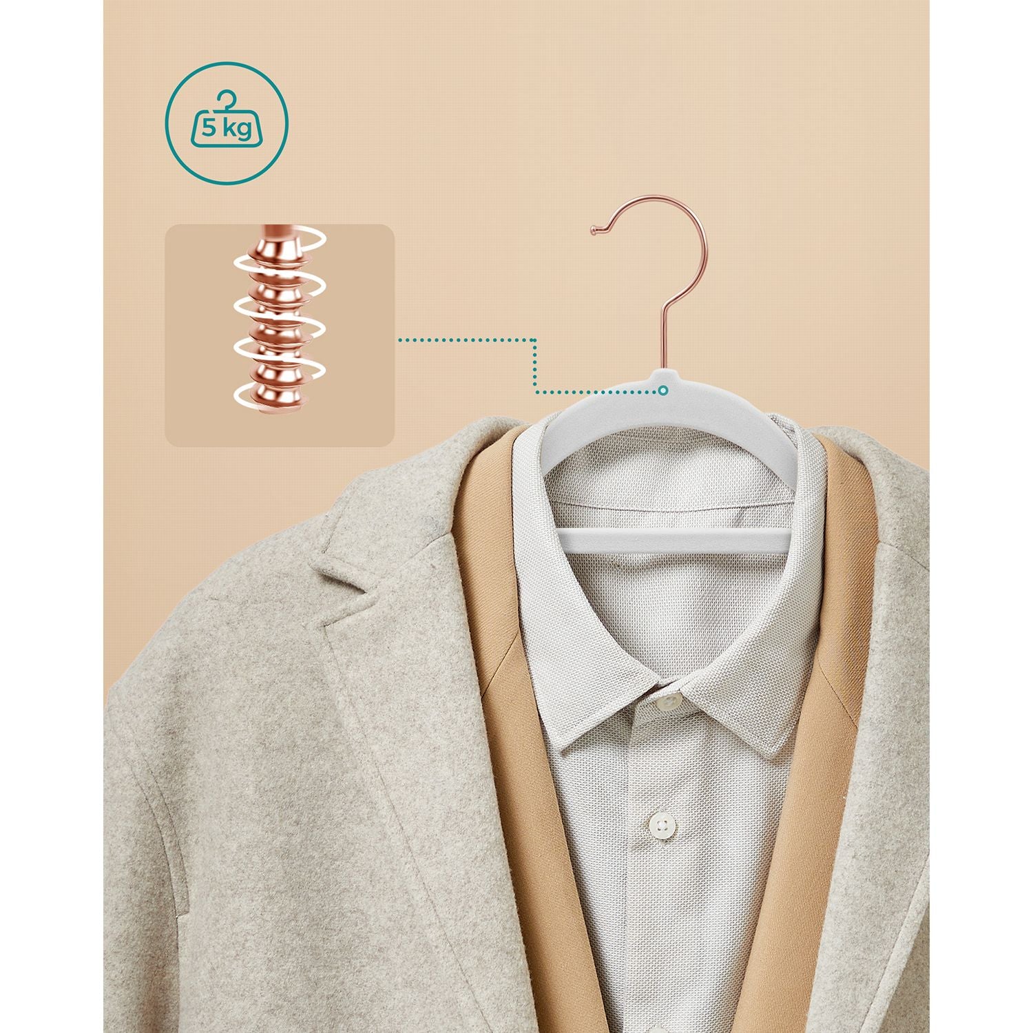 Cintres, Lot de 50, Cintre Pantalon,  43,5 cm, Cintre Velours, Barre À Cravate, Blanc et Rose Gold, SONGMICS, 4
