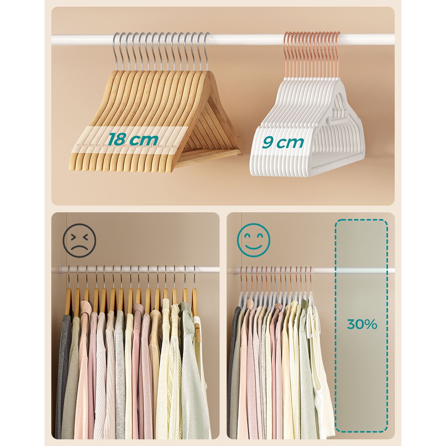 Cintres, Lot de 50, Cintre Pantalon,  43,5 cm, Cintre Velours, Barre À Cravate, Blanc et Rose Gold, SONGMICS, 5