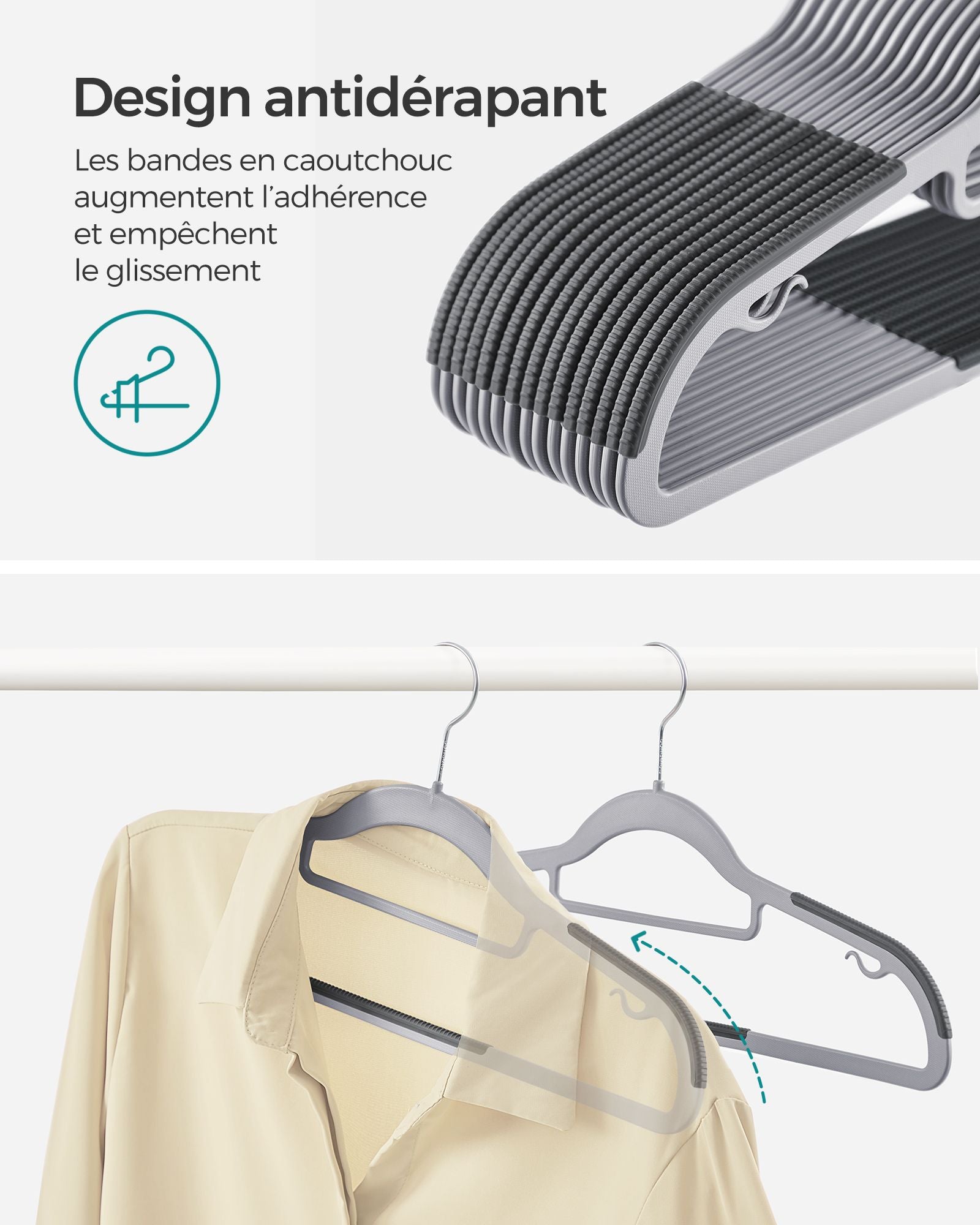 Cintres, 30 pièces, Cintre Pantalon, Longueur 42 cm, Cintre Vetement, Gain de Place, Plastique, Gris, SONGMICS, 3