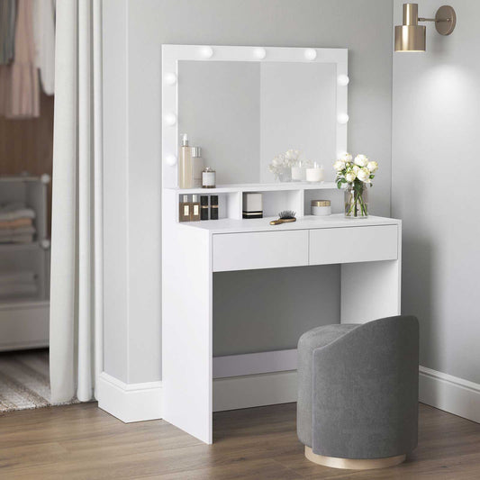Coiffeuse, Grand Miroir LED à Luminosité Réglable, Table de Maquillage avec Miroir, 2 Tiroirs, Blanc, VASAGLE, 1