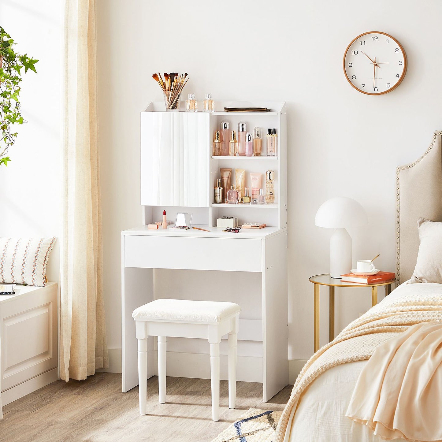 Coiffeuse, Table de Maquillage, avec Miroir, avec Placard de Rangement et tiroir, étagères réglables, Blanc, VASAGLE, 1