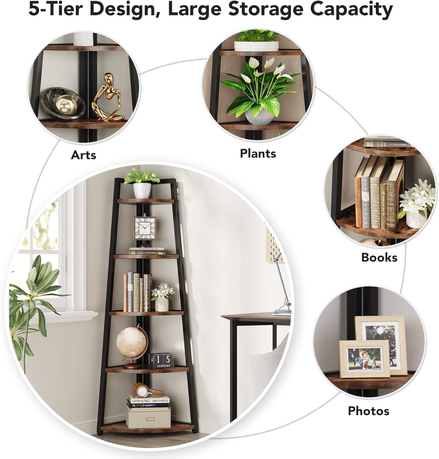 Étagère d'angle de 176 cm de Haut, Étagère d'angle Rustique à 5 Niveaux, Bibliothèque D'angle, Marron, Tribesigns, 5