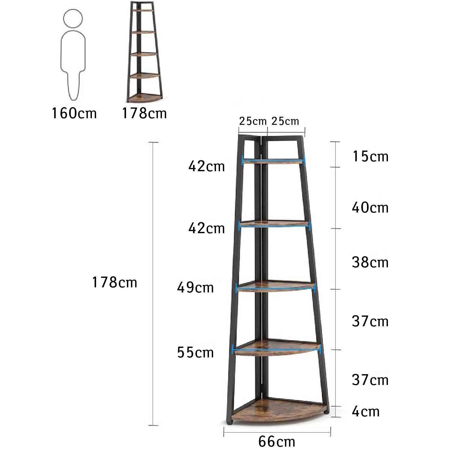 Étagère d'angle de 176 cm de Haut, Étagère d'angle Rustique à 5 Niveaux, Bibliothèque D'angle, Marron, Tribesigns, 7