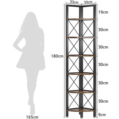 Étagère D'angle à 6 niveaux, Petite Bibliothèque D'angle de rangement pour plantes, Noir & Brun, Tribesigns, 7