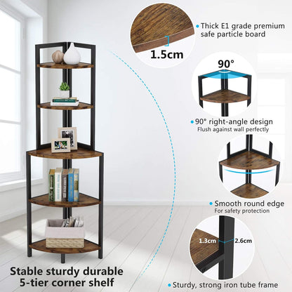 Étagère D'angle, Étagère de Rangement, Étagère Bibliothèque, Support de Plante, Noir & Brun, Tribesigns, 5