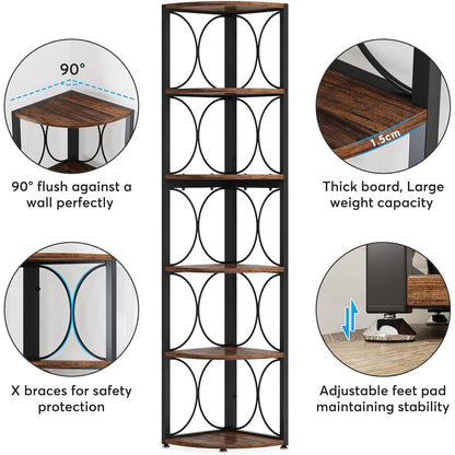 Étagère d'angle Rustique à 6 Niveaux, 170cm de Haut, Bibliothèque d'angle de Rangement, Brun, Tribesigns, 6