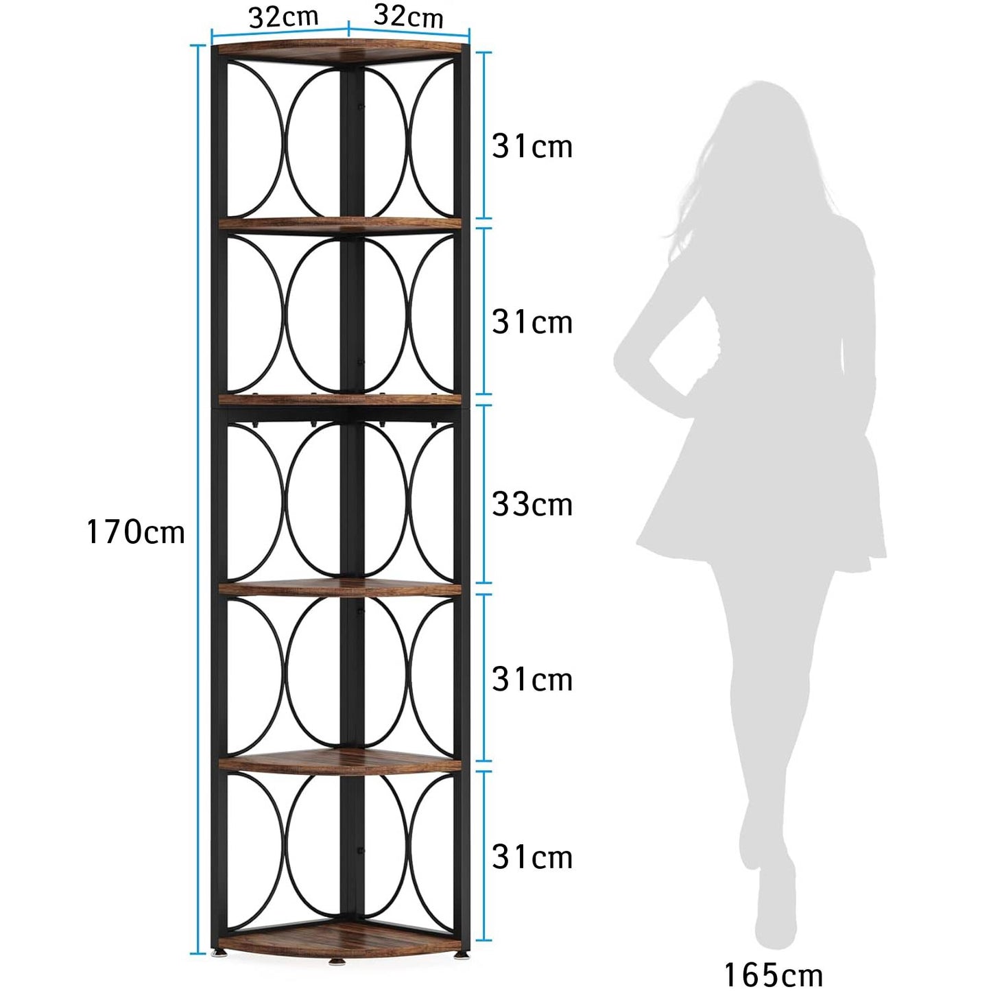 Étagère d'angle Rustique à 6 Niveaux, 170cm de Haut, Bibliothèque d'angle de Rangement, Brun, Tribesigns, 7