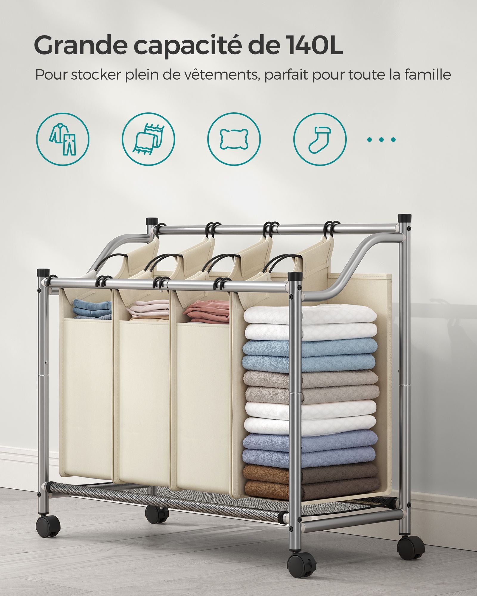 Panier à Linge, 4 x 35 L, Chariot à Linge, corbeille à linge, avec 4 Sacs Amovibles, avec Roulettes, Beige Sable, SONGMICS, 4