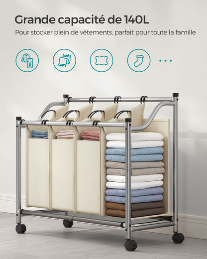 Panier à Linge, 4 x 35 L, Chariot à Linge, corbeille à linge, avec 4 Sacs Amovibles, avec Roulettes, Beige Sable, SONGMICS, 4