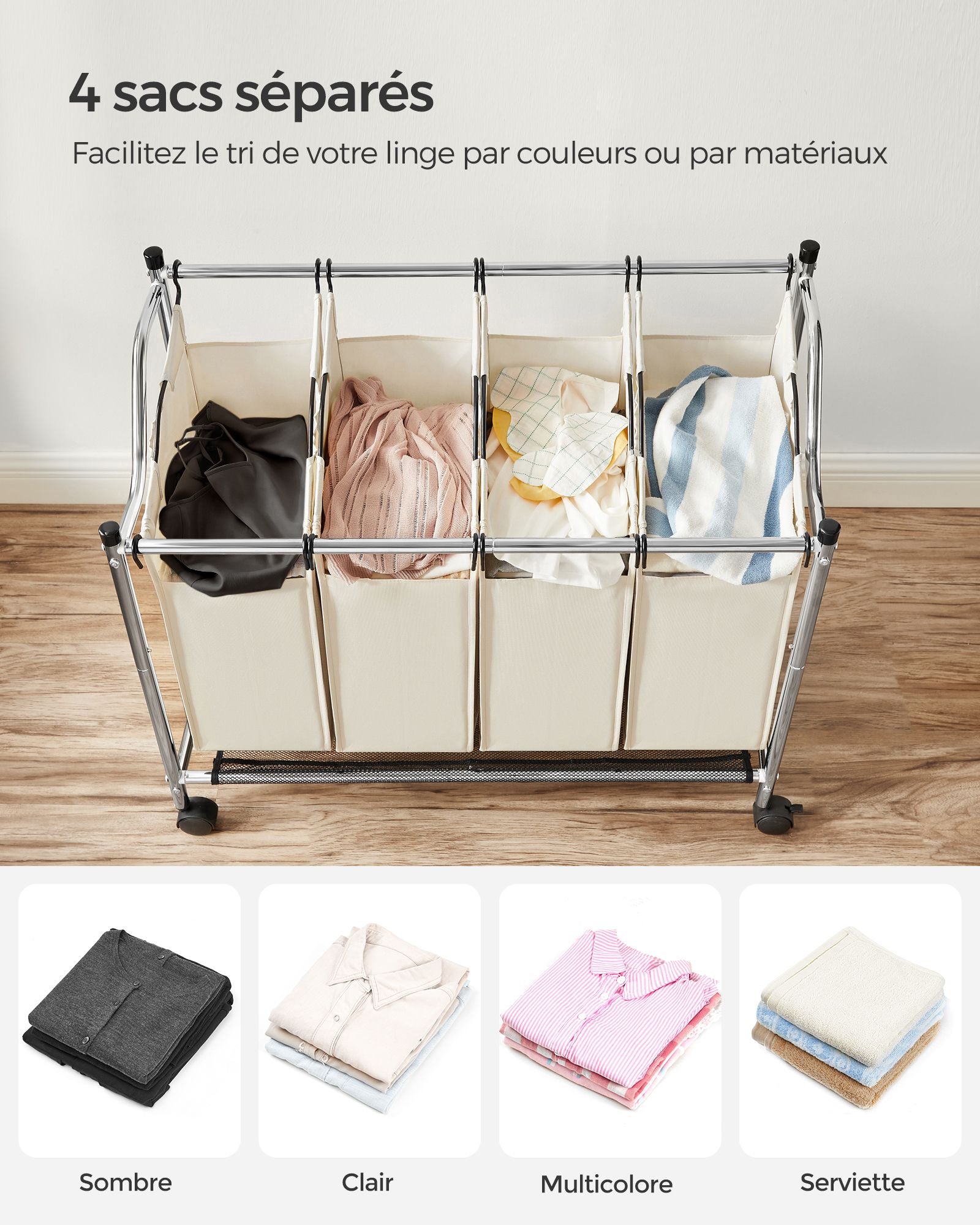 Panier à Linge, 4 x 35 L, Chariot à Linge, corbeille à linge, avec 4 Sacs Amovibles, avec Roulettes, Beige Sable, SONGMICS, 5