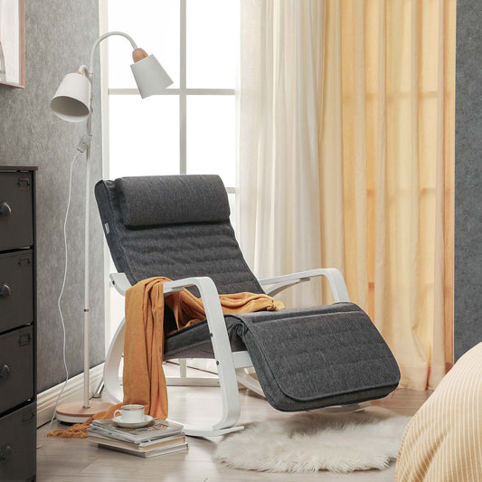 Fauteuil à Bascule, avec Accoudoirs en Bois, Chaise Berçante avec Repose-Pieds Réglable, Gris Foncé et Blanc, SONGMICS, 1