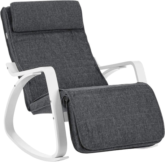 Fauteuil à Bascule, avec Accoudoirs en Bois, Chaise Berçante avec Repose-Pieds Réglable, Gris Foncé et Blanc, SONGMICS, 2