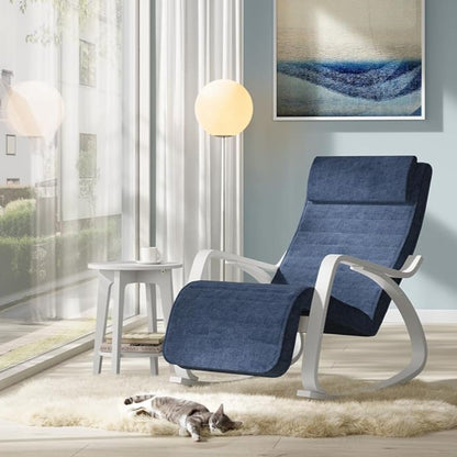Fauteuil à Bascule, avec Accoudoirs en Bois, Chaise Berçante avec Repose-Pieds Réglable, Bleu Minuit et Blanc, SONGMICS, 1