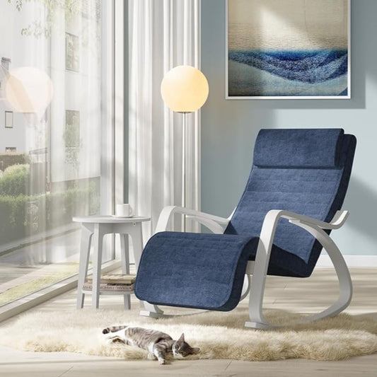 Fauteuil à Bascule, avec Accoudoirs en Bois, Chaise Berçante avec Repose-Pieds Réglable, Bleu Minuit et Blanc, SONGMICS, 1