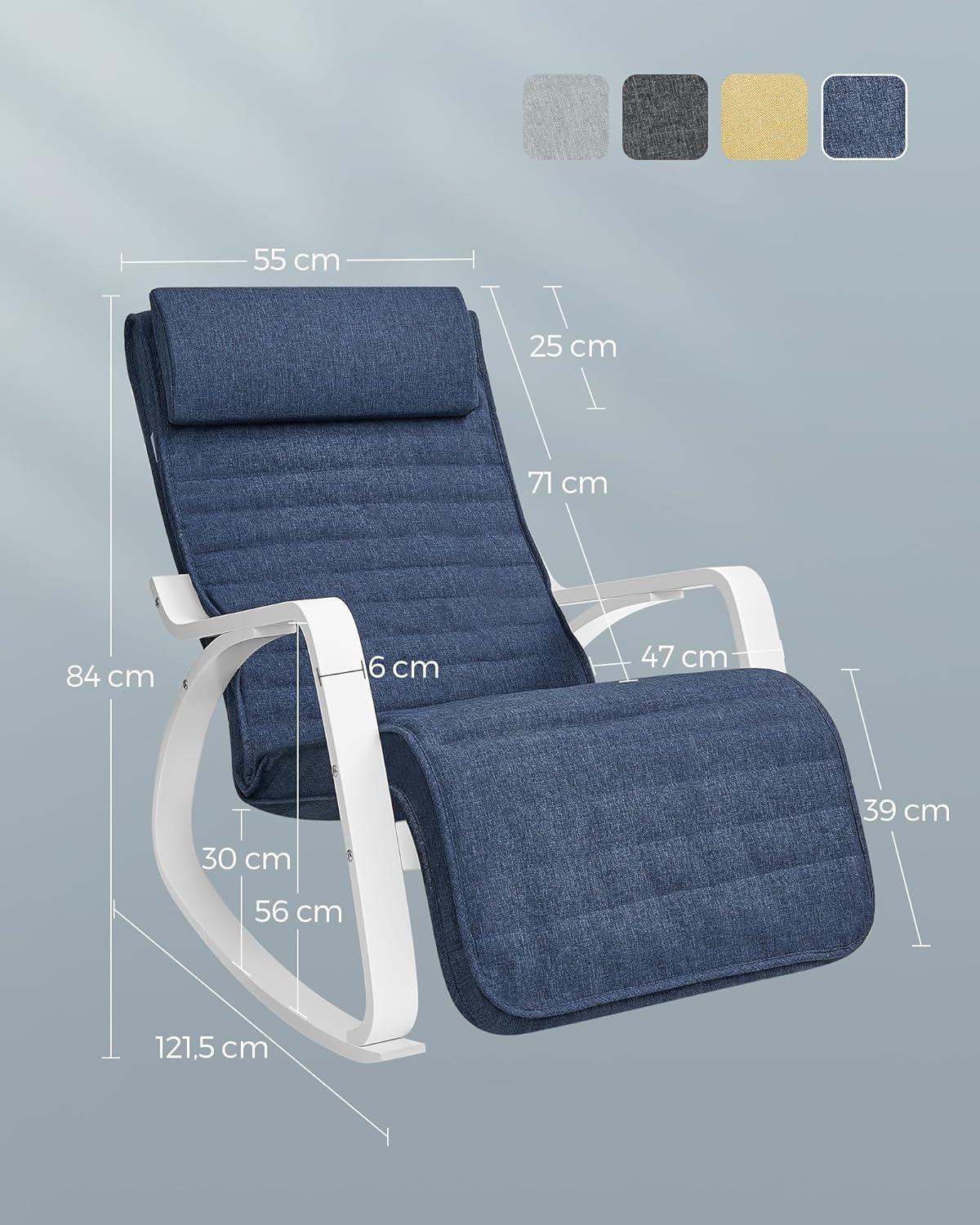 Fauteuil à Bascule, avec Accoudoirs en Bois, Chaise Berçante avec Repose-Pieds Réglable, Bleu Minuit et Blanc, SONGMICS, 3