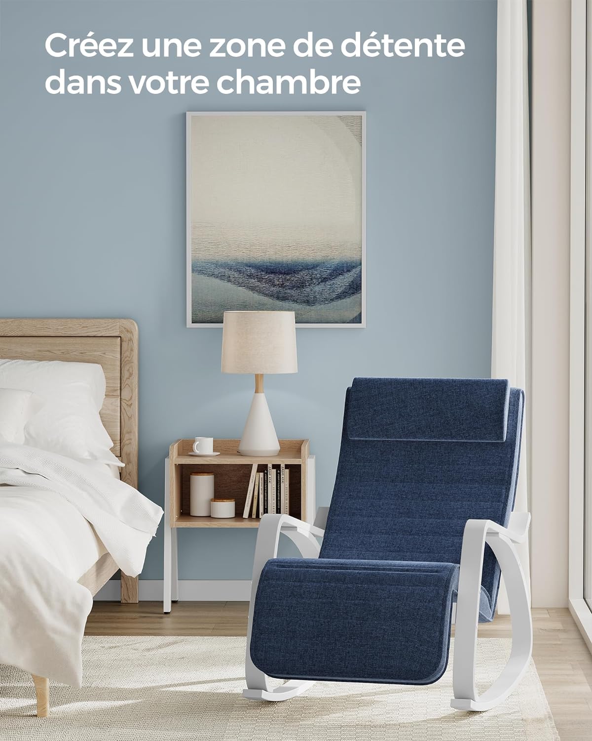 Fauteuil à Bascule, avec Accoudoirs en Bois, Chaise Berçante avec Repose-Pieds Réglable, Bleu Minuit et Blanc, SONGMICS, 4