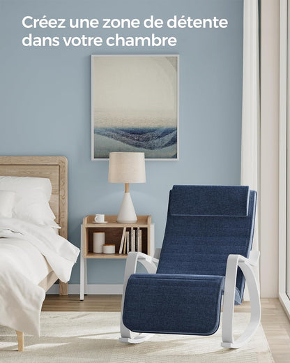 Fauteuil à Bascule, avec Accoudoirs en Bois, Chaise Berçante avec Repose-Pieds Réglable, Bleu Minuit et Blanc, SONGMICS, 4