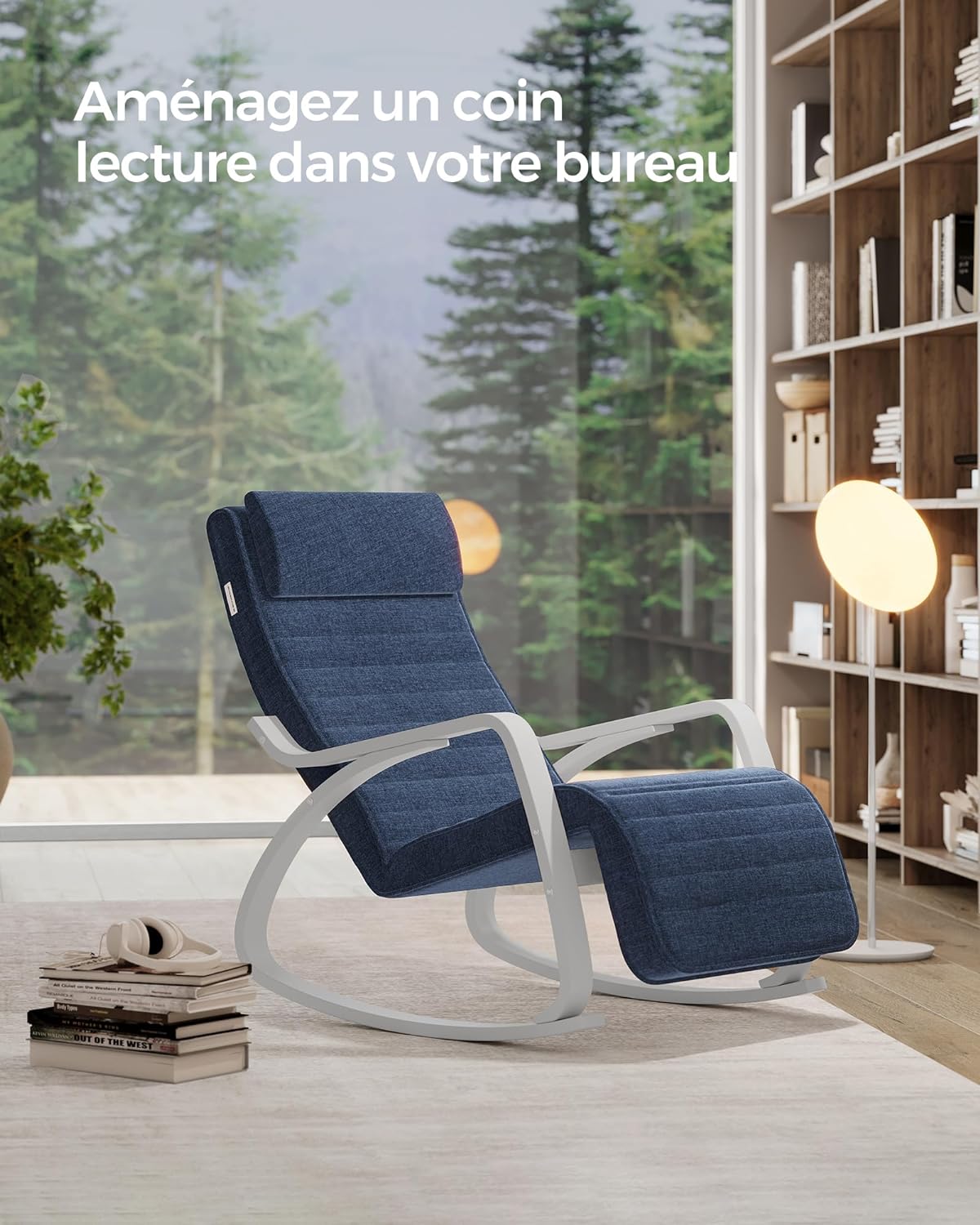 Fauteuil à Bascule, avec Accoudoirs en Bois, Chaise Berçante avec Repose-Pieds Réglable, Bleu Minuit et Blanc, SONGMICS, 5
