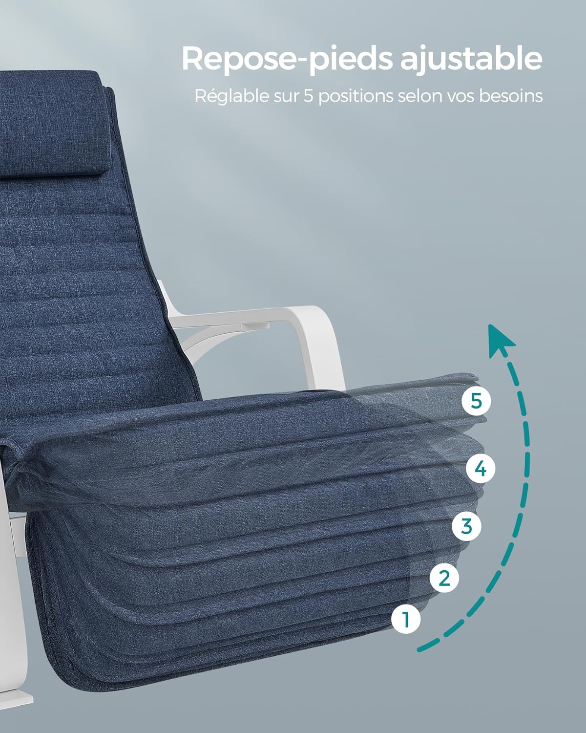 Fauteuil à Bascule, avec Accoudoirs en Bois, Chaise Berçante avec Repose-Pieds Réglable, Bleu Minuit et Blanc, SONGMICS, 6