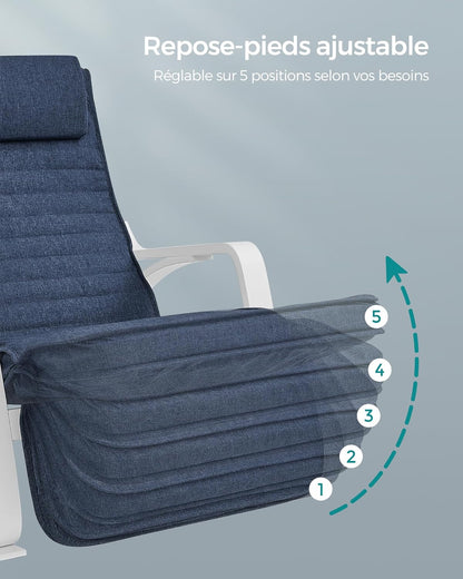 Fauteuil à Bascule, avec Accoudoirs en Bois, Chaise Berçante avec Repose-Pieds Réglable, Bleu Minuit et Blanc, SONGMICS, 6