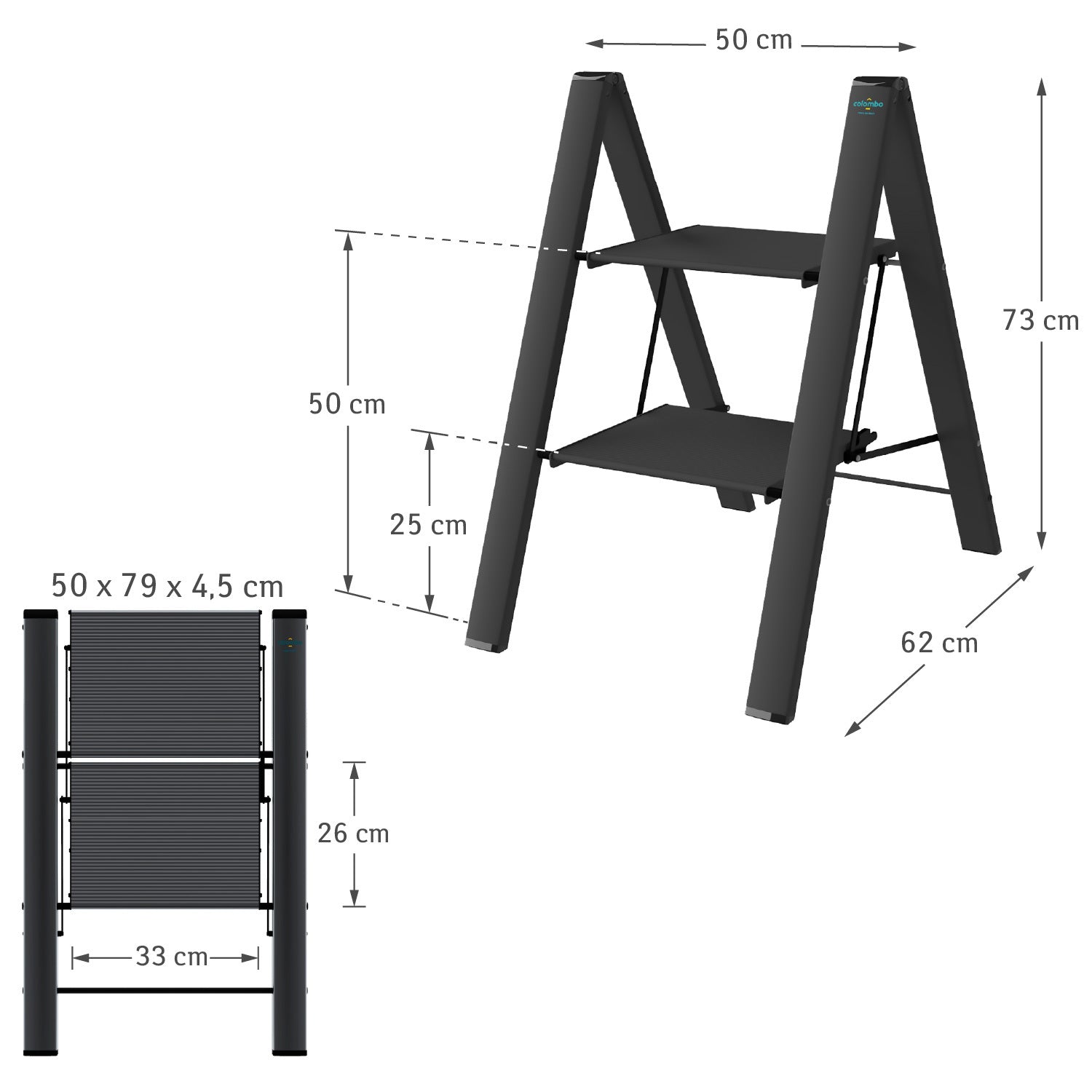 Escabeau, Escabeau 2 marches, Escabeau Pliable, jusqu'à 150 kg de charge, en aluminium robuste et inoxydable, Noir, Colombo LEONARDO 2