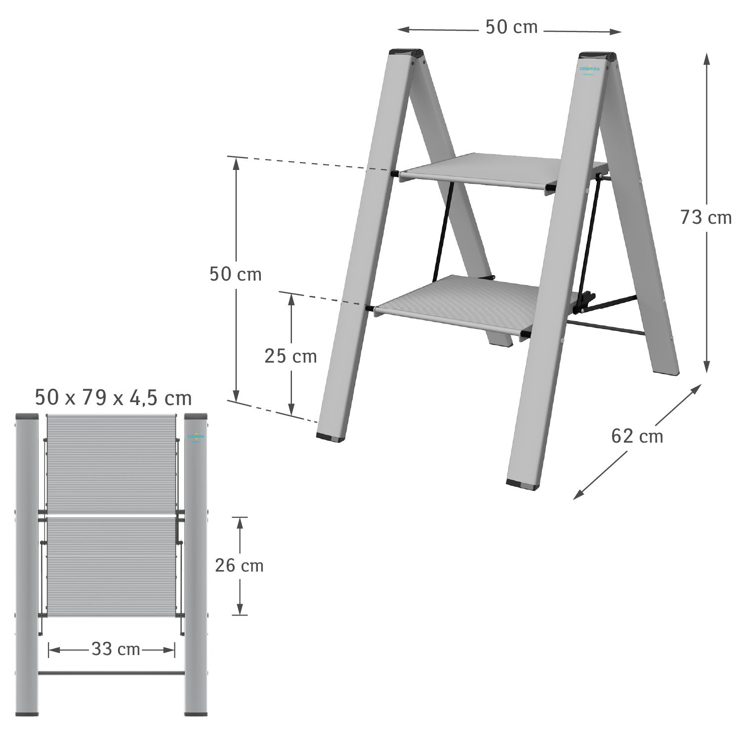 Escabeau 2 Marches, Escabeau Pliable, Petit Escabeau, Marchepieds en Aluminium, Colombo Leonardo 2