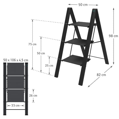 Escabeau, Escabeau 3 marches, Escabeau Pliable, jusqu'à 150 kg de charge, en aluminium robuste et inoxydable, Noir, Colombo LEONARDO 3