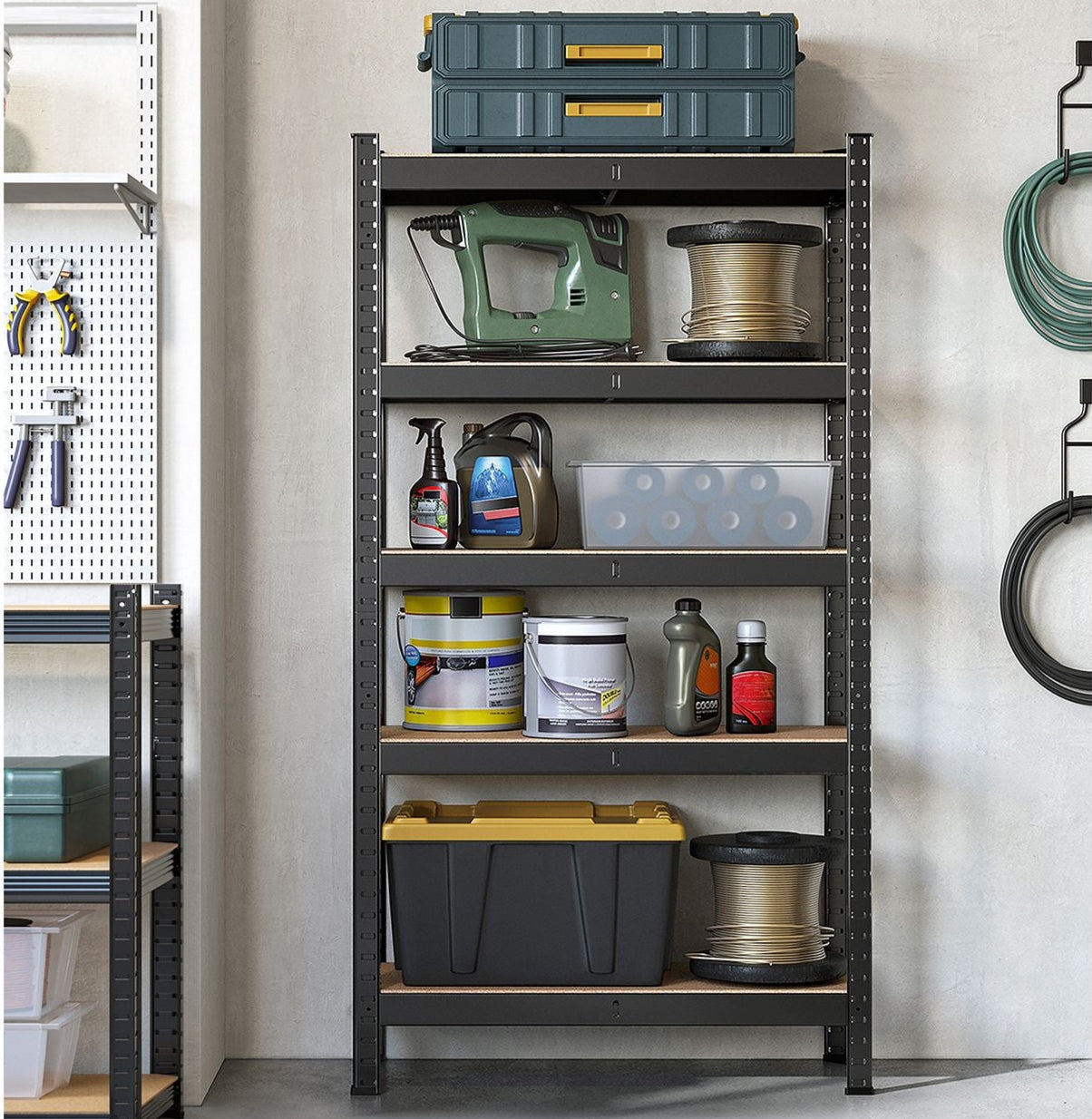 Etagere metal, 5 Niveaux, 30 x 75 x 150 cm, Etagere charge lourde, Capacité 650 kg, Noir, Songmics, 1