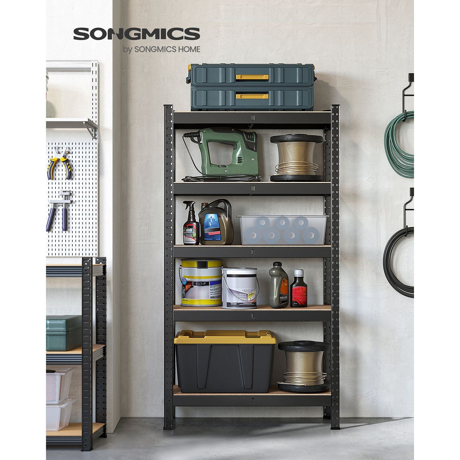 Etagere metal, 5 Niveaux, 30 x 75 x 150 cm, Etagere charge lourde, Capacité 650 kg, Noir, Songmics, 3