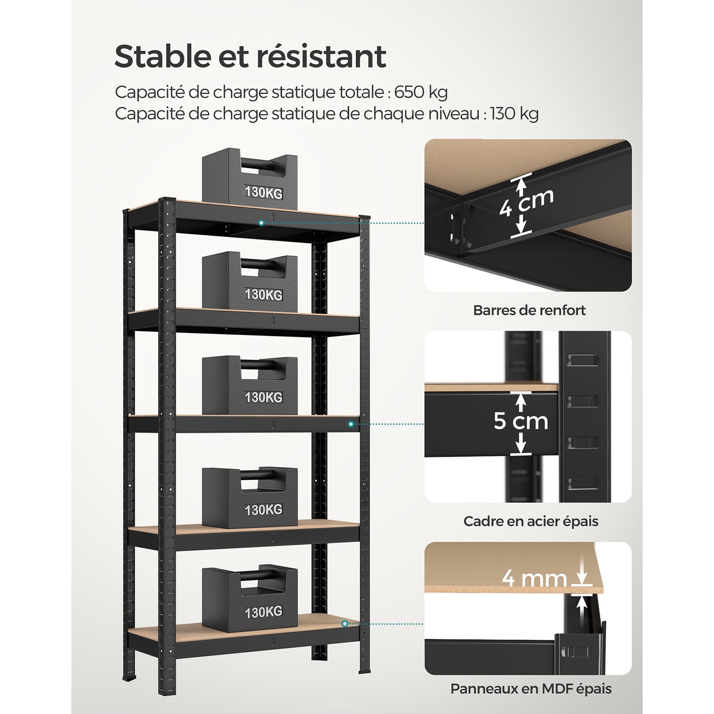 Etagere metal, 5 Niveaux, 30 x 75 x 150 cm, Etagere charge lourde, Capacité 650 kg, Noir, Songmics, 4