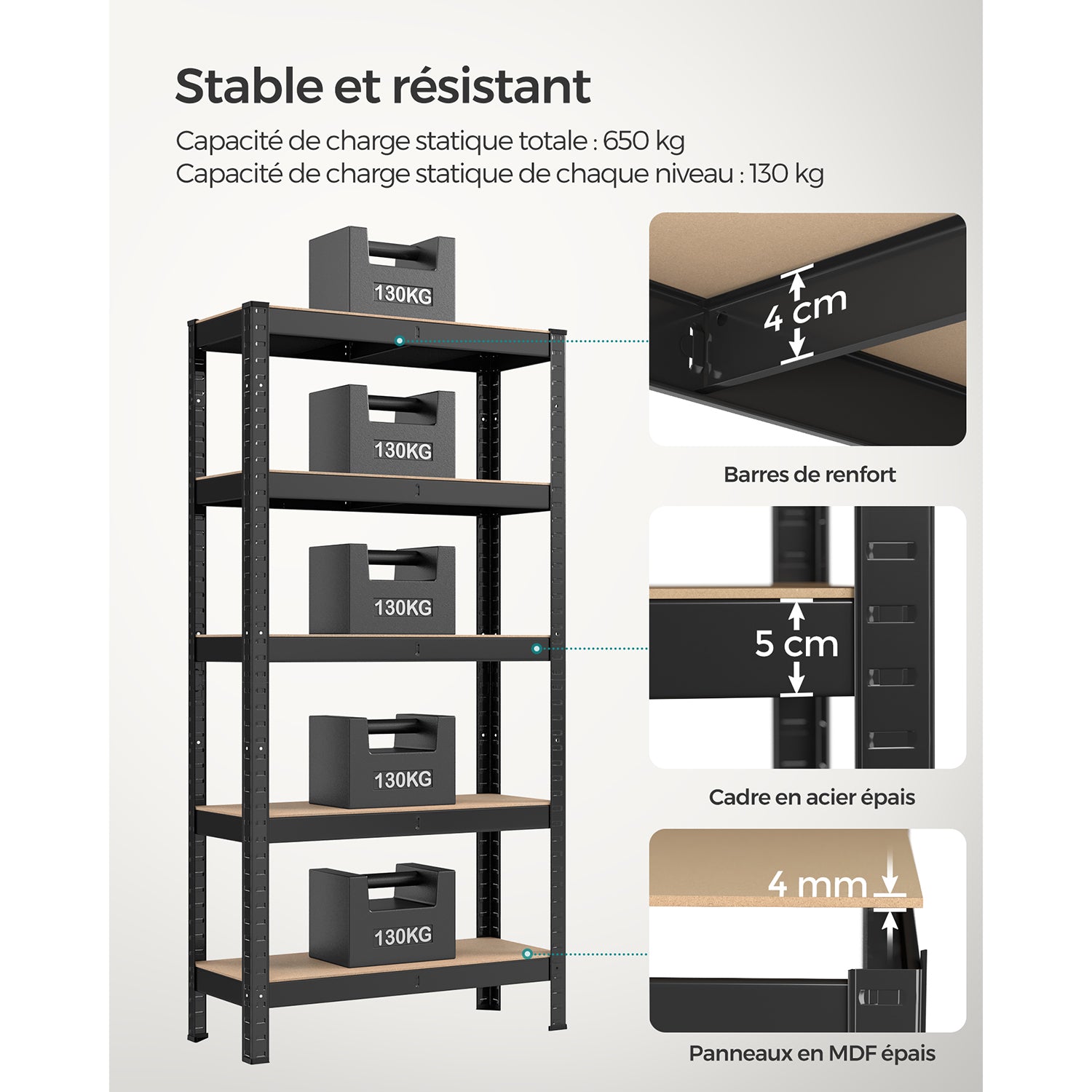 Etagere metal, 5 Niveaux, 30 x 75 x 150 cm, Etagere charge lourde, Capacité 650 kg, Noir, Songmics, 4
