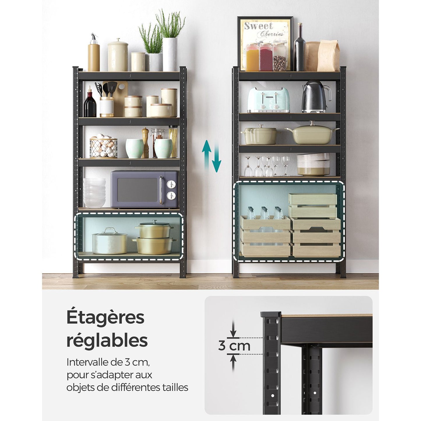 Etagere metal, 5 Niveaux, 30 x 75 x 150 cm, Etagere charge lourde, Capacité 650 kg, Noir, Songmics, 5