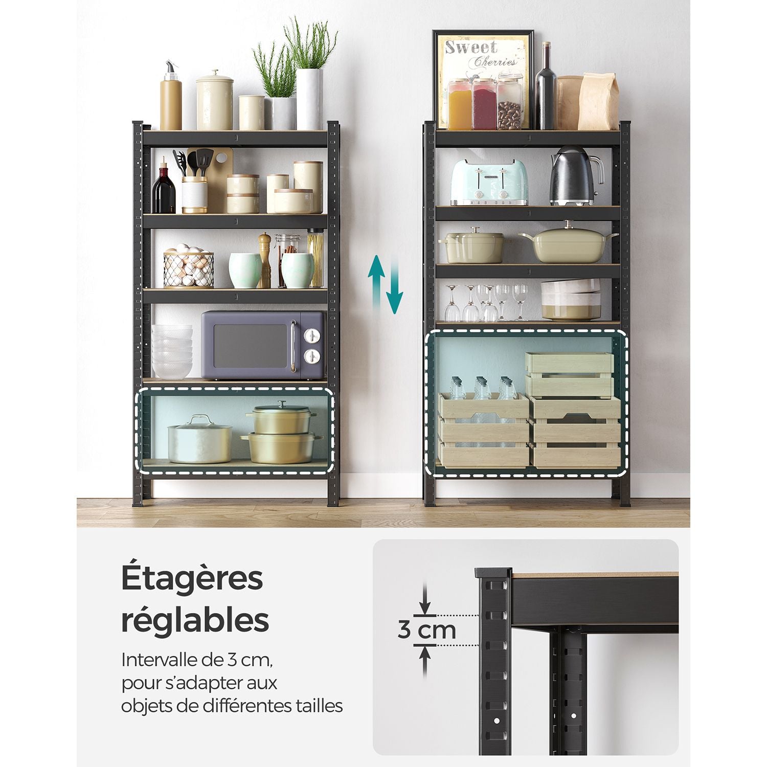 Etagere metal, 5 Niveaux, 30 x 75 x 150 cm, Etagere charge lourde, Capacité 650 kg, Noir, Songmics, 5