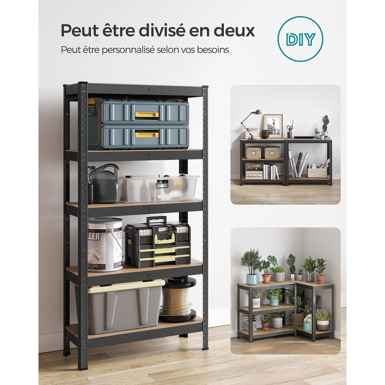 Etagere metal, 5 Niveaux, 30 x 75 x 150 cm, Etagere charge lourde, Capacité 650 kg, Noir, Songmics, 7