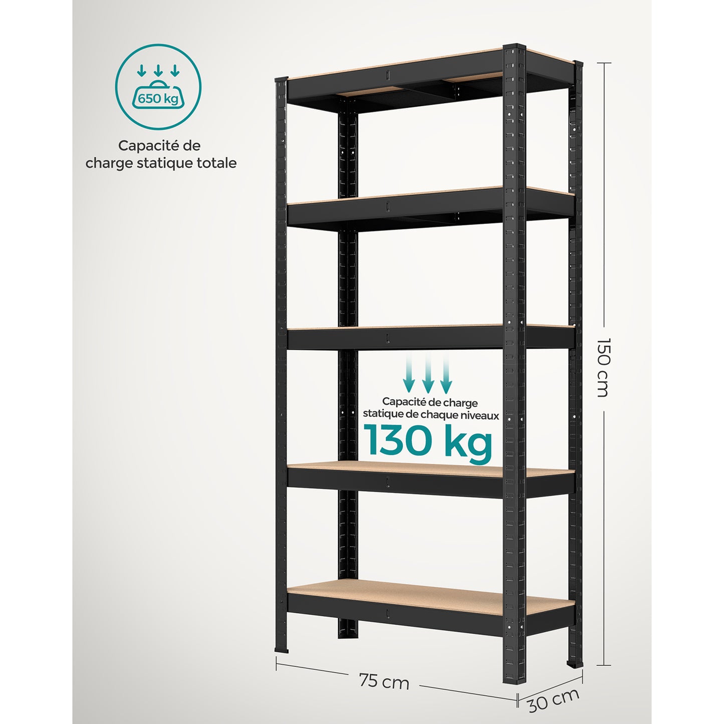 Etagere metal, 5 Niveaux, 30 x 75 x 150 cm, Etagere charge lourde, Capacité 650 kg, Noir, Songmics, 8