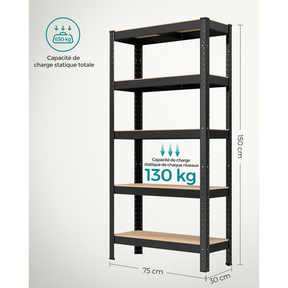 Etagere metal, 5 Niveaux, 30 x 75 x 150 cm, Etagere charge lourde, Capacité 650 kg, Noir, Songmics, 8