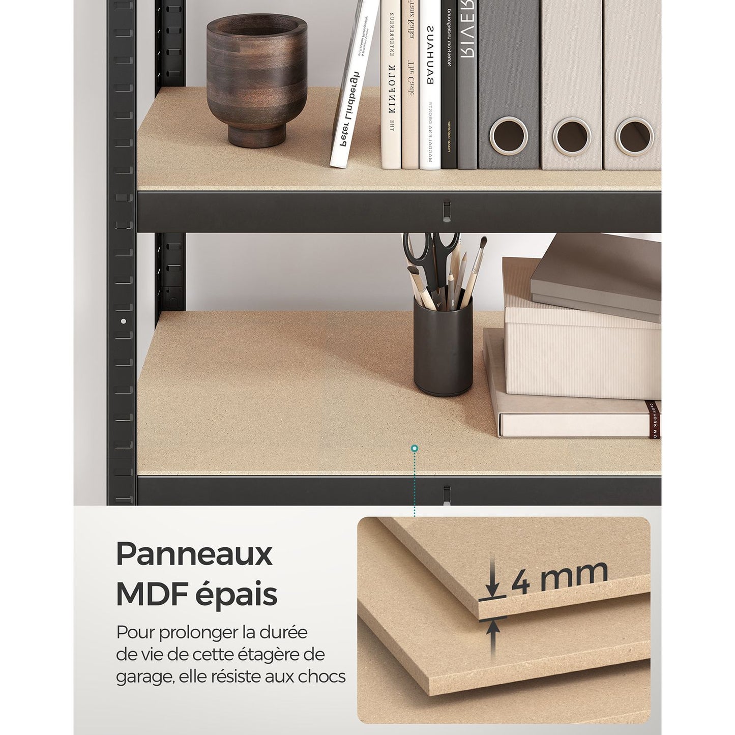 Etagere metal, 5 Niveaux, 30 x 75 x 150 cm, Etagere charge lourde, Capacité 650 kg, Noir, Songmics, 9