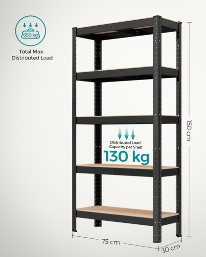 Étagère, Lot de 2, Etagere metal, 5 Niveaux, 30x75x150cm, Etagere charge lourde, Capacité 650kg, Noir, Songmics, 9