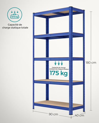 Étagère rangement, Lot de 2, Etagere charge lourde, Capacité 875 kg, 5 Niveaux, 40x90x180 cm, Etagere metal, Bleu, Songmics, 8