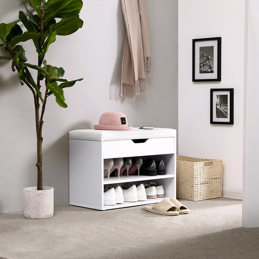 Banc a Chaussure, avec coussin, Banc d'entrée avec Rangement, 2 étagères et 1 grand compartiment, Blanc mat, VASAGLE, 1