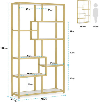 Bibliothèque dorée à 8 étagères Ouvertes avec Imitation marbre, Étagère de Rangement Moderne pour la Maison ou Le Bureau, 2